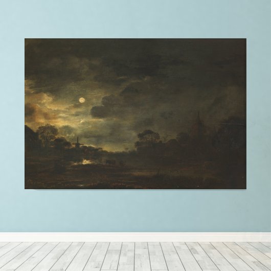 Landschap van moonlight, Aert van der Neer, 1630 - Canvas Afdruk (Insitu (Houten vloer))