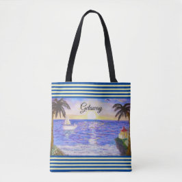 Landschap van oceaanstrand en jacht tote bag
