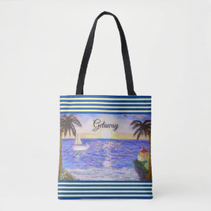 Landschap van oceaanstrand en jacht tote bag
