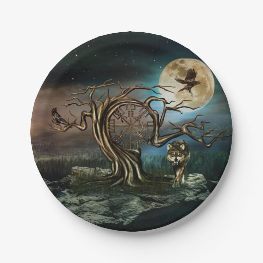 Landschap Vegvisir Tree Moon Papieren Bordje (Voorkant)