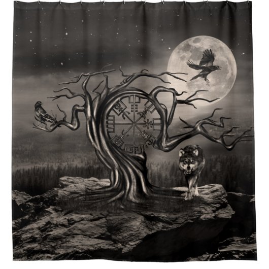 Landschap Vegvisir Tree Moon - sepia Douchegordijn (Voorkant)