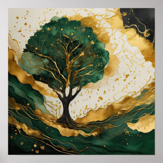 Landschap Waterverf Abstract Schilderen Groen Goud Poster (Voorkant)