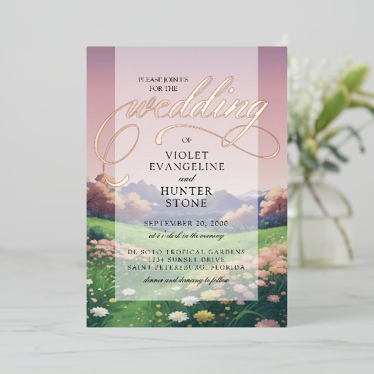 Landschap Wildbloemen Bruiloft Folie Uitnodiging (Staand Voorkant)