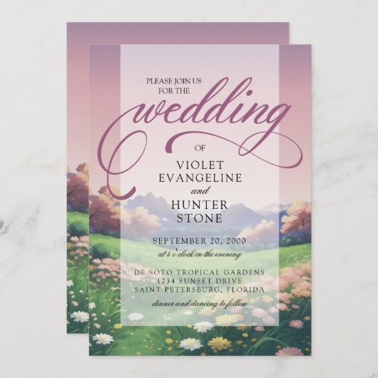 Landschap Wildbloemen Bruiloft Kaart (Voorkant / Achterkant)