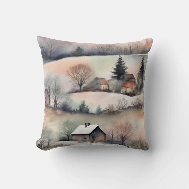 Landschap Winter Pastel Waterverf Kussen (Voorkant)