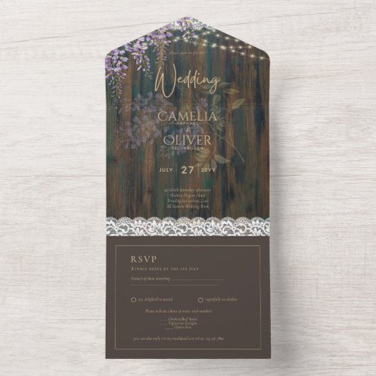 Landschap Wisteria Houten Kant Lampen Paars Trouwe All In One Uitnodiging (Binnen)