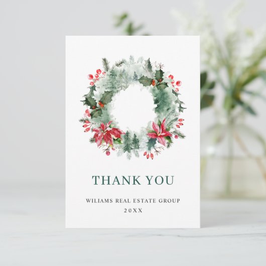 Landschap Wreath Holly Berry Pine Forest Kerstmis Bedankkaart (Staand voorkant)