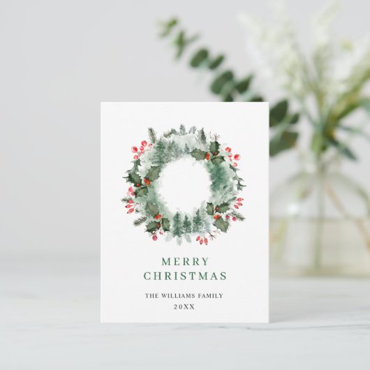 Landschap Wreath Holly Berry Pine Forest Kerstmis Briefkaart (Staand voorkant)