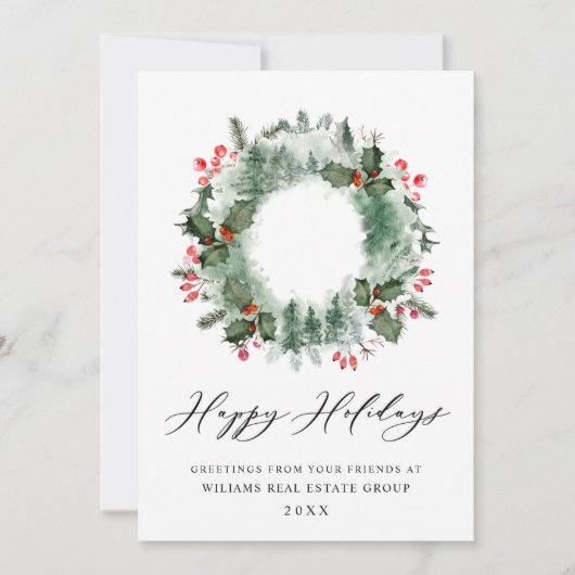 Landschap Wreath Holly Berry Pine Forest Kerstmis Feestdagenkaart (Voorkant)