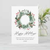 Landschap Wreath Holly Berry Pine Forest Kerstmis Feestdagenkaart (Staand voorkant)