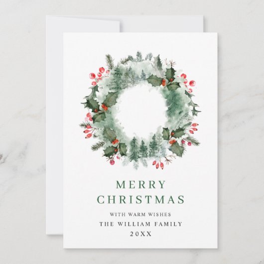 Landschap Wreath Holly Berry Pine Forest Kerstmis Feestdagenkaart (Voorkant)