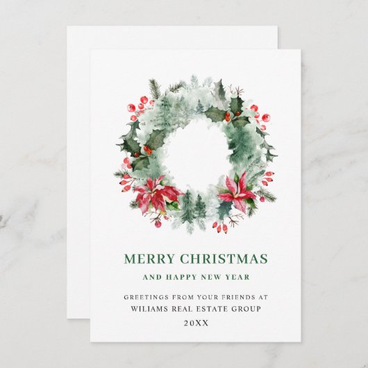 Landschap Wreath Holly Berry Pine Forest Kerstmis Feestdagenkaart (Voorkant / Achterkant)