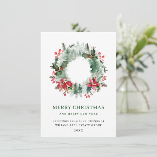 Landschap Wreath Holly Berry Pine Forest Kerstmis Feestdagenkaart (Staand voorkant)