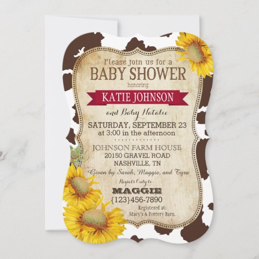 Landschap Zonnebloemen en Koeienprint Baby Shower Kaart (Voorkant)