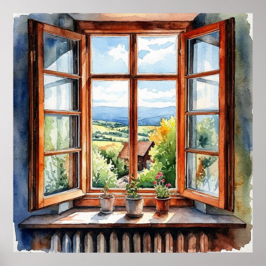 Landschappelijk uitzicht door zonnig raam poster (Voorkant)
