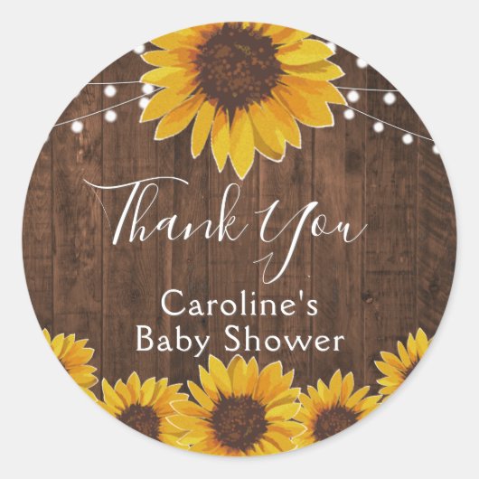 Landschappelijke zonnebloem slingerlampjes houten  ronde sticker (Voorkant)