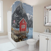 Landschapsbeeld Rorbu Lofoten Bergen Noorwegen Douchegordijn (In situ)