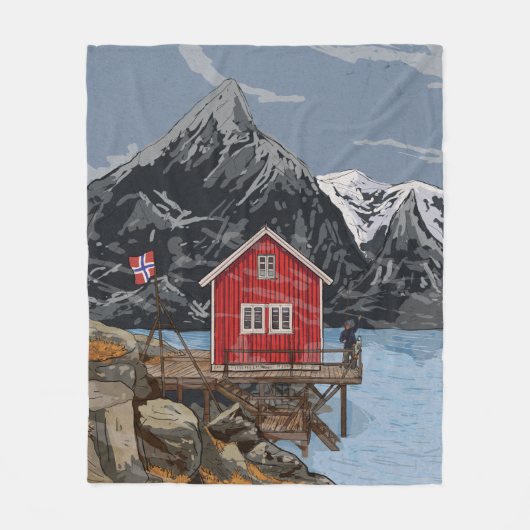 Landschapsbeeld Rorbu Lofoten Bergen Noorwegen Fleece Deken (Voorkant)