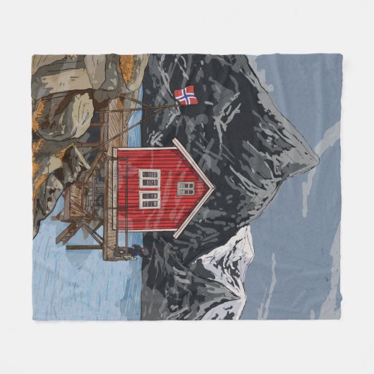 Landschapsbeeld Rorbu Lofoten Bergen Noorwegen Fleece Deken (Voorkant (Horizontaal))