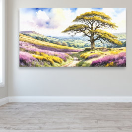 Landschapsgezicht met Eik, Heuvels en Heide Canvas Afdruk