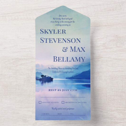 Landschapshuwelijk van de bergen van het eiland Tr All In One Uitnodiging (Binnen)