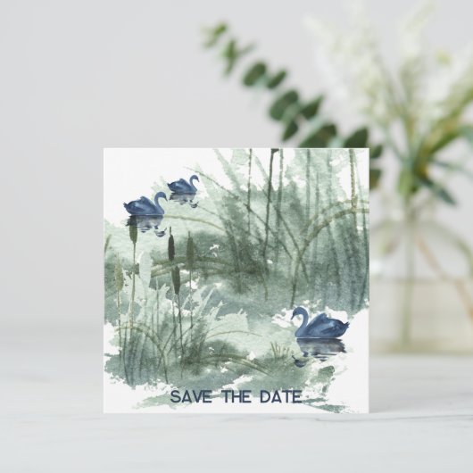 Landschapsmeer met zwanen save the date (Staand voorkant)