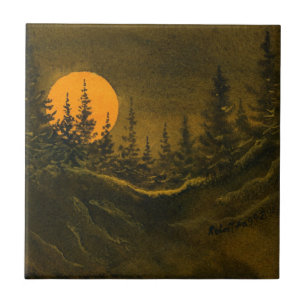 Landschapsnachtelijke maan en pijnbomen. tegeltje