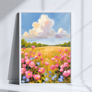Landschapsschilderij met roze bloemenveld poster