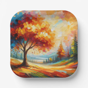 Landschapsschildering met felle kleuren papieren bordje