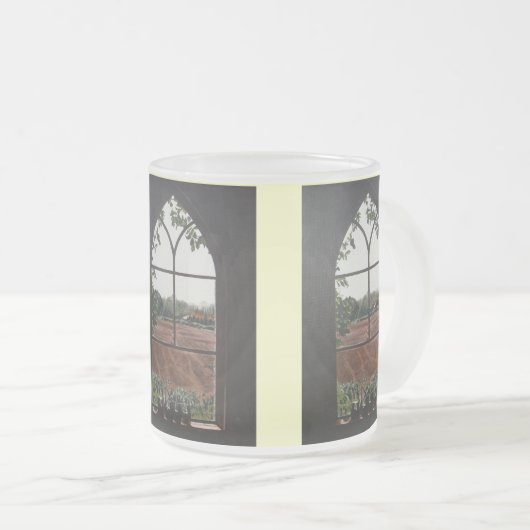 Landschapsschildering van uitzicht uit kerkraam matglas koffiemok (Voorkant rechts)