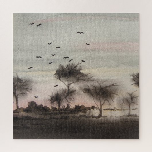 Landschapszonsondergang in de herfst van de bijten legpuzzel (Verticaal)