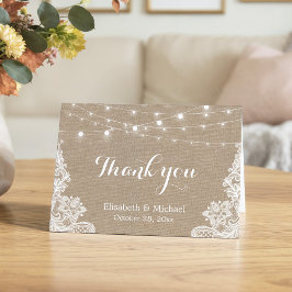 Landselijke jute slingerlichten kant bruiloft beda bedankkaart