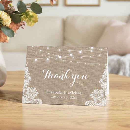Landselijke jute slingerlichten kant bruiloft beda bedankkaart