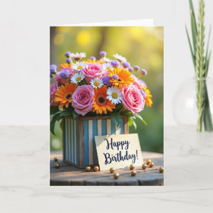 Landselijke verjaardagskaart met bloemen in een ho kaart