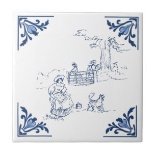 Landwandeling met Hond Delfts Blauw en Wit Tegeltje