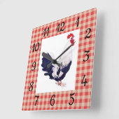 Landwandklok met rode cheques en rooster vierkante klok (Hoek)