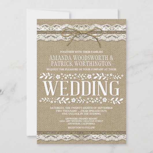 Landwijn Burlap en Lace Wedding Invitations Kaart (Voorkant)