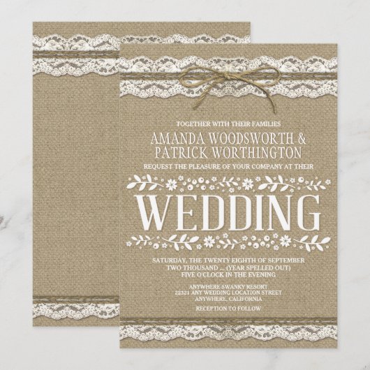Landwijn Burlap en Lace Wedding Invitations Kaart (Voorkant / Achterkant)