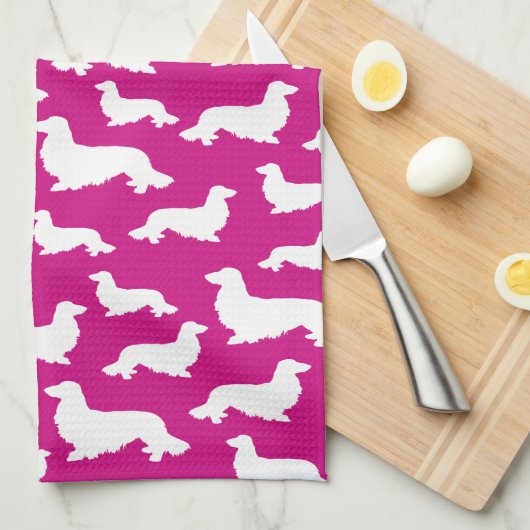 Lang Haar Dachshund Heet Roze Keukenhanddoek (Quarter Fold)