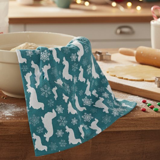 Lang Haar Dachshund Kerstcadeau Blauwgroen Theedoek