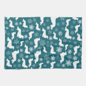 Lang Haar Dachshund Kerstcadeau Blauwgroen Theedoek (Horizontaal)