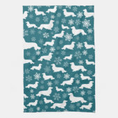 Lang Haar Dachshund Kerstcadeau Blauwgroen Theedoek (Verticaal)