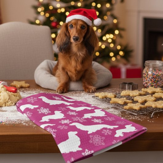 Lang Haar Dachshund Kerstcadeau Fuchsia Theedoek