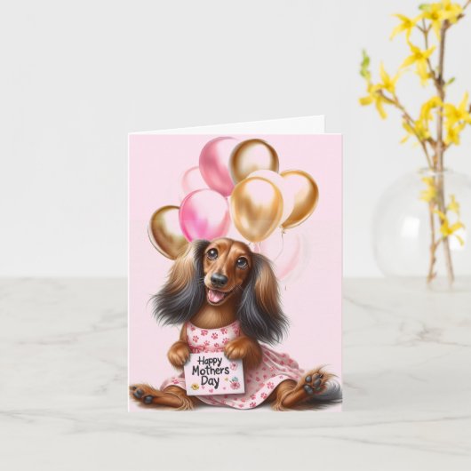 Lang Haar Dachshund Moederdag Kaart (Gele Bloem)