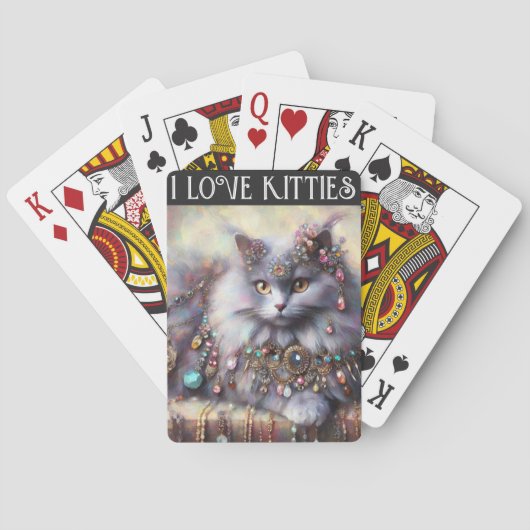 Lang Haar Grijs Kat w/Jewels I Love Katten Pokerkaarten (Achterkant)