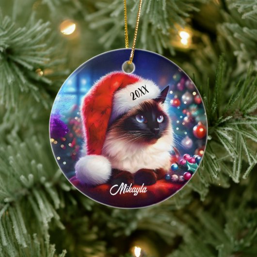 Lang Haar Siamese Kat in een Kerstmuts Kerstmis Keramisch Ornament (Boom)