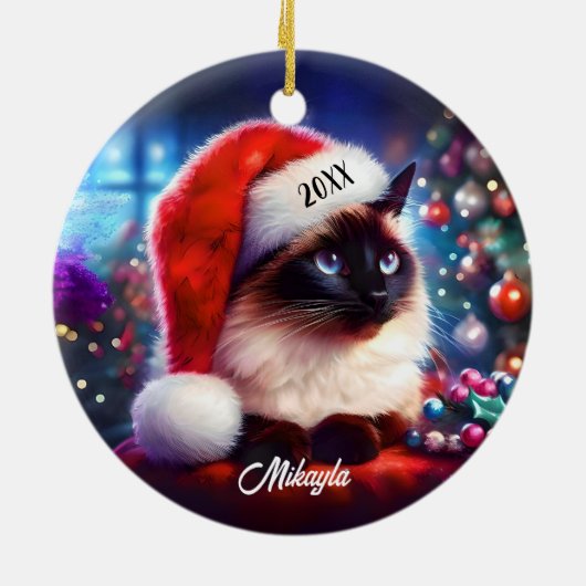 Lang Haar Siamese Kat in een Kerstmuts Kerstmis Keramisch Ornament (Achterkant)