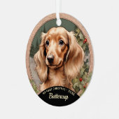 Lang Haired Dachshund Puppy's Eerste Kerstmis Metalen Ornament (Voorkant links)