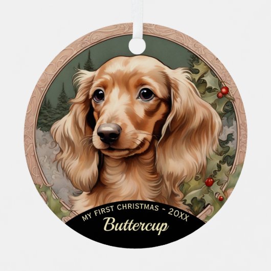 Lang Haired Dachshund Puppy's Eerste Kerstmis Metalen Ornament (Voorkant)