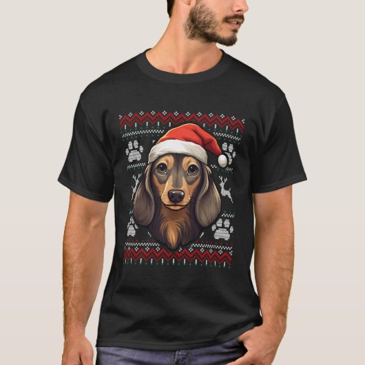 Lang Haired Dachshund Santa Hoed Kerstmis Grappig  T-shirt (Voorkant)